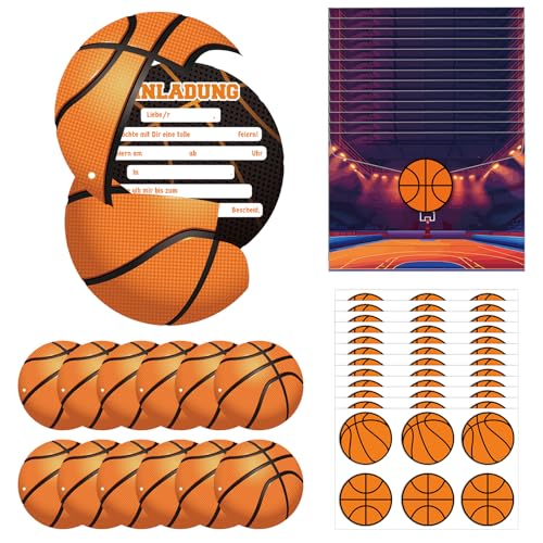12 Sets Basketball Einladungskarten zum Kindergeburtstag, Einladungskarten Geburtstag, Basketball Party Karten mit Umschlägen und Stickern, Stabile Geburtstagseinladung für Jungen und Mädchen von DONQTWAY
