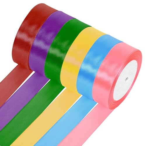 2.5cm Bunte Bänder in Sechs Farben, Jede Rolle Satinband 22.8m Lang, schleifenband, Seidenband Bunt, Satinbänder Bunt, Geschenkband Breit, Dekoband, zum Verpacken von Geschenken, als Party Dekoration von DONQTWAY