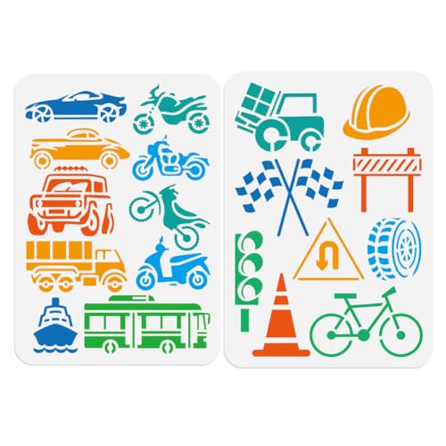 2 Stück Transportfahrzeuge Malschablonen Die Wand Wiederverwendbare Schablone Holzbrennen 29.7 x 21cm Bus LKW Motorrad Auto Transport Zubehör Vorlagen DIY Bastel Kunst Schablonen von DOODLREAM