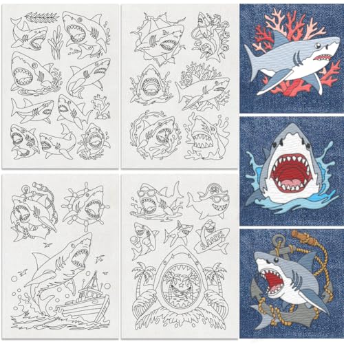 DOODLREAM 27 Stück Wasserlösliche Handnäh Stabilisatoren Angry Shark 21x29.7cm Stickvlies Mit Tiermotiv 4 Blatt Verschiedene Haifisch Stick Und Stichstickpapier Aufkleber von DOODLREAM