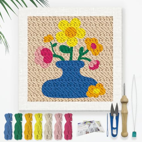 DOODLREAM Blumenvase DIY Stickset Mit Punch Needle Für Erwachsene Und Anfänger 24cm Blumen Punch Stitching Bastelset Für Anfänger Mit Rahmen Stoffmuster Einfädler Garn Quetschnadel von DOODLREAM