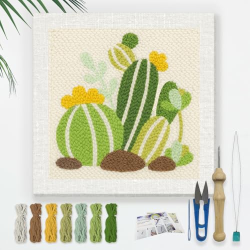 DOODLREAM Cartoon Kaktus Stickset Zum Selbermachen mit Punch Needle für Erwachsene Anfänger 24cm Punch Stitching Bastelset für Anfänger mit Rahmen Stoffmuster Einfädler Garn Lochnadel von DOODLREAM