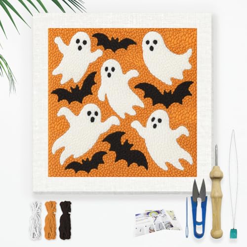 DOODLREAM Halloween Geist und Fledermaus DIY Punch Needle Stickset für Erwachsene und Anfänger 24cm Halloween Punch Stitching Bastelset für Anfänger mit Rahmen Stoffmuster Einfädler Garn Lochnadel von DOODLREAM