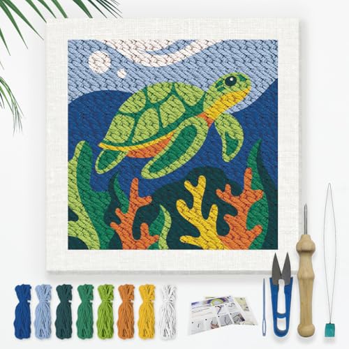 DOODLREAM Meeresschildkröte DIY Punch Needle Stickset Für Erwachsene Und Anfänger 24cm Koralle Meerestier Punch Stitching Bastelset Für Anfänger Mit Rahmen Stoffmuster Einfädler Garn Punchneedle von DOODLREAM