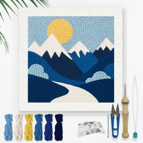 DOODLREAM Mountains DIY Punch Needle Stickset Für Erwachsene Und Anfänger 24cm Landschaft Sonnenaufgang Punch Stitching Bastelset Für Anfänger Mit Rahmen Stoffmuster Einfädler Garn Quetschnadel von DOODLREAM