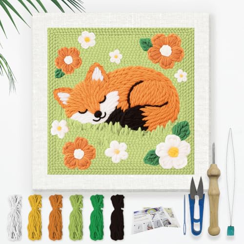 DOODLREAM Schlafender Fuchs In Blumen DIY Punch Needle Stickset für Erwachsene und Anfänger 24cm Punch Stitching Bastelset für Anfänger mit Rahmen Stoffmuster Einfädler Garn Lochnadel von DOODLREAM