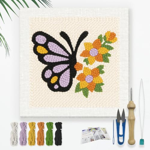 DOODLREAM Schmetterling Auf Blumen DIY Punch Needle Stickset für Erwachsene und Anfänger 24cm Punch Stitching Bastelset für Anfänger mit Rahmen Stoffmuster Einfädler Garn Lochnadel von DOODLREAM