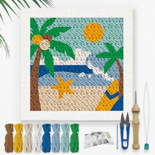 DOODLREAM Sommerstrand Stickset Zum Selbermachen Mit Punch Needle Erwachsene Anfänger 24cm Kokosnussbäume Ozean Punch Stitching Bastelset Anfänger Rahmen Stoffmuster Einfädler Garn Quetschnadel von DOODLREAM