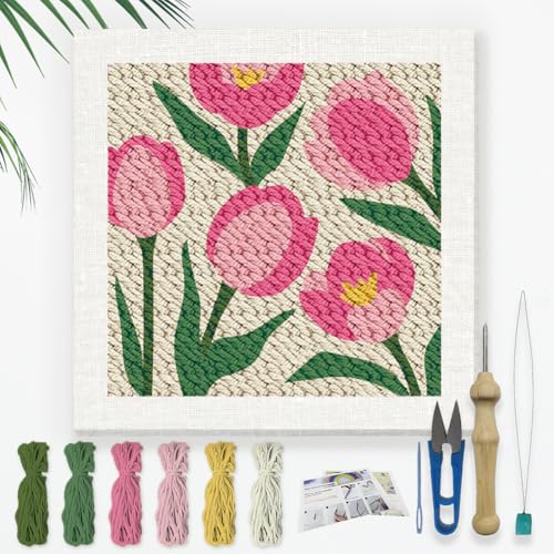 DOODLREAM Tulpen Stickset Zum Selbermachen Mit Punch Needle Für Erwachsene Und Anfänger 24cm Blumen Punch Stitching Bastelset Für Anfänger Mit Rahmen Stoffmuster Einfädler Garn Quetschnadel von DOODLREAM