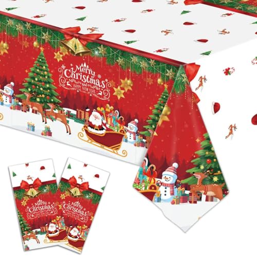 2 Stück Weihnachts Tischdecke, Rot Weiß Rechteck Weihnachten Tischdecke für Tischdekorationen, 274 * 137cm Weihnachts Baum Weihnachtsmann tischdecke für Weihnachtsessen Esstische Picknicks Innen von DOOFE