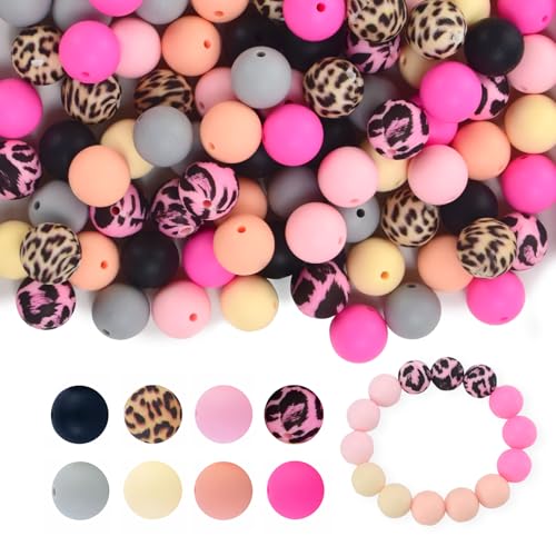 Leoparden-Silikonperlen für Schlüsselanhänger, rund, polygonale Gummiperlen, lose Silikonperlen für selbstgemachte Halsketten, Armbänder, 15 mm, 80 Stück Leoparden-Silikonperlen für Schlüsselanhänger, rund, polygonale Gummiperlen, lose Silikonperlen für selbstgemachte Halsketten, Armbänder, 15 mm, 80 Stück von DOOPP