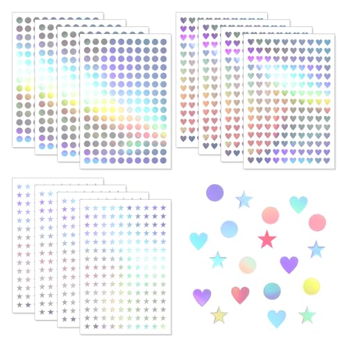 DOPENSPI 1800 Stück Mini Hologramm Aufkleber, Herze Stern Punkt Selbstklebende Klein Hologramm Sticker als Belohnung für die Schule Zuhause das Klassenzimmer(Herze+Stern+Punkt) von DOPENSPI