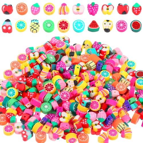 DOPENSPI 300 Stück Obst Perlen Zum Auffädeln, Früchten Bastelperlen Polymer Clay Beads Perlen Früchte für Armband Halskette Zubehör Basteln Schmuck DIY von DOPENSPI