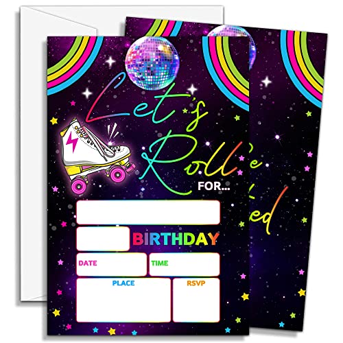 Einladungskarten zum Rollschuhen, Geburtstag, Neon-Glow-Eisroller, Partyeinladungen, Let's Roll Regenbogen Geburtstagsparty-Einladung für Mädchen,20 Einladungen mit 20 Umschlägen,C21 von DOQPO