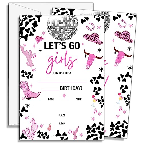 Space Cowgirl Geburtstagseinladungen für Mädchen, Rosa Disco Cowgirl Party Einladungen, Nashville Geburtstagsparty-Einladung, Geburtstagsdekorationen - 20 Einladungen mit 20 Umschlägen - f07 von DOQPO