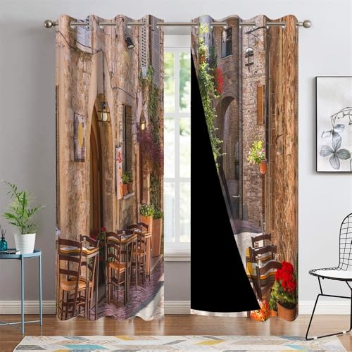 DORCEV Vorhänge im italienischen Stil, Straßenlandschaft in der Provinzstadt der toskanischen Althof, Italien, Café, Stühle, Verdunkelungsvorhänge für Wohnzimmer, Schlafzimmer, 107x213 cm, 2 Vorhänge DORCEV Vorhänge im italienischen Stil, Straßenlandschaft in der Provinzstadt der toskanischen Althof, Italien, Café, Stühle, Verdunkelungsvorhänge für Wohnzimmer, Schlafzimmer, 107x213 cm, 2 Vorhänge von DORCEV