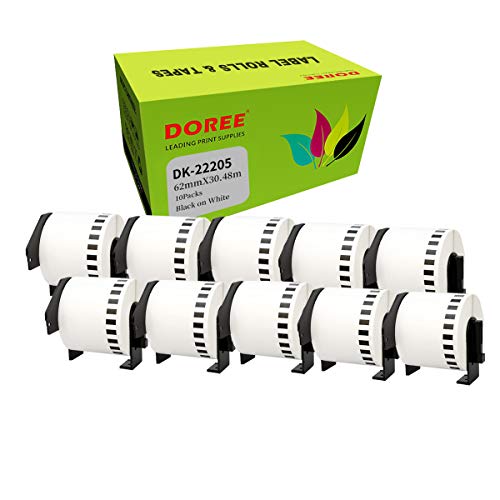 DOREE DK22205 kompatible Etikettenrollen für Brother P-Touch QL-500 QL-500A QL-500BS QL-500BW,62mm x 30,48m(10 Packungen Endlosetiketten,Die Länge jeder Endlospapier beträgt 30,48 m) von Doree