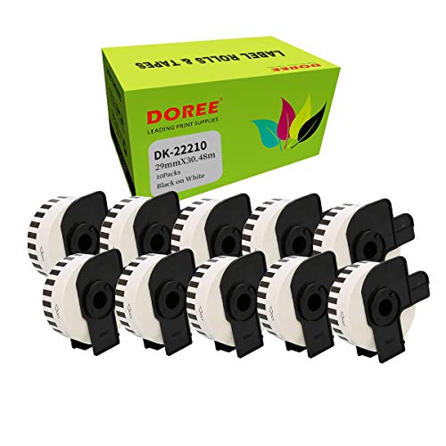 DOREE DK-22210,29mm×30,48m,DK22210 Etikettenband für Brother P-Touch QL-1110NWB QL-1100 QL-1060N QL-1050 QL-500 QL-500A QL-500BW QL-570, 10 Stück L-580 QL-700 (10 Packungen) von DOREE