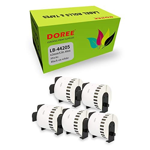 DOREE DK-44205 62 mm x 30,48 m kompatibles kontinuierlich ablösbares Papier Etikettenband für Brother P-Touch QL-1110NWB QL-1100 QL-1050 QL-500 QL-500BW QL-570 QL-580 QL-700 5 Rollen von Doree