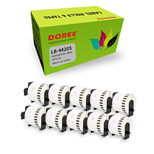 DOREE DK-44205 62 mm x 30,48 m kompatibles kontinuierlich ablösbares Papier Etikettenband für Brother P-Touch QL-1110NWB QL-1100 QL-1050 QL-500 QL-500BW QL-570 QL-580 QL-700 QL-710W 10 Rollen von Doree