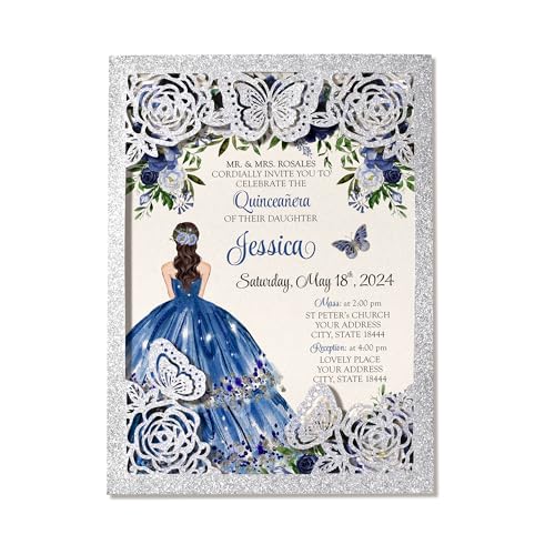 DORIS HOME Einladungskarten für Quinceanera, 15 Jahre, Sweet 16, Miss XV, 13 x 18,1 cm, lasergeschnittene Quitteneinladungskarten, 50 Stück (keine Einsätze im Lieferumfang enthalten) von DORIS HOME