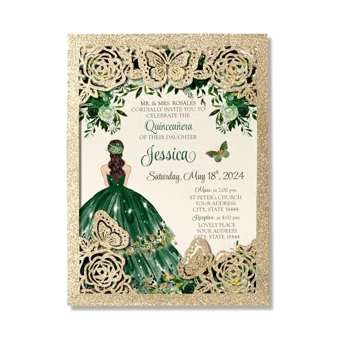 DORIS HOME Einladungskarten für Quinceanera, 15 Jahre, Sweet 16, Miss XV, 13 x 18,1 cm, lasergeschnittene Quitteneinladungskarten, 50 Stück (keine Einsätze im Lieferumfang enthalten) von DORIS HOME