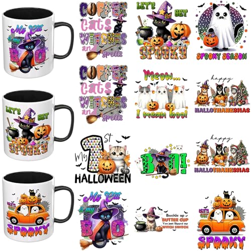 Dorsbaby 12 Stück Halloween Tiere UV DTF Cup Wrap UV DTF Transferpapier geeignet für Tassen, Notebooks, Tische und Stühle usw. Für DIY Kreativität, Hochviskos UV DTF Cup Wrap (Halloween Katze) von DORSBABY