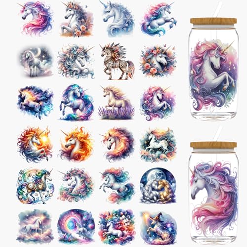 Dorsbaby 24 Stück Einhorn UV DTF Cup Wrap für Glas-Serie, UV DTF Cup Wraps für 473.6 g Glas, dekorative Tassen, Flaschen usw., Handwerk, DIY Kunstbedarf, Verpackung, Transferpapier von DORSBABY