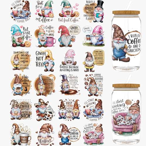 Dorsbaby 24 Stück Lustige Gnome Love Coffee UV DTF Cup Wraps, UV DTF Transferpapier für 473 ml, Gläser, Tische, Stühle, Computer, hochviskose UV-DTF-Verpackung von DORSBABY