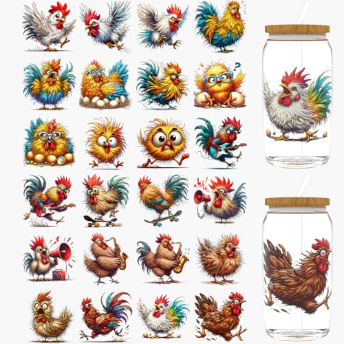 Dorsbaby 24 Stück Lustige Huhn UV DTF Cup Wrap für Glas Serie UV DTF Cup Wraps für 473.6 g Glas, dekorative Tassen, Flaschen usw., Handwerk, DIY Kunstbedarf, Verpackung, Transferpapier von DORSBABY