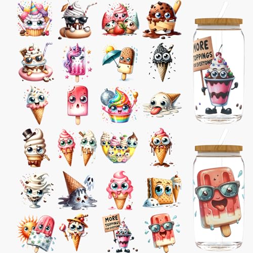 Dorsbaby 24 Stück Sommer-Eiscreme-UV-DTF-Becherwickel für Glas-Serie, UV-DTF-Becherwickel für 473 ml Glas, dekorative Becher, Flaschen usw., Handwerk, DIY-Kunstbedarf, Verpackung, Transferpapier von DORSBABY