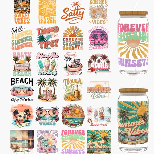 Dorsbaby 24 Stück Sommer-UV-DTF-Becher-Wraps, UV-DTF-Transferpapier für 473 ml, Brillen, Tische, Stühle, Computer, hochviskose UV-DTF-Verpackung von DORSBABY
