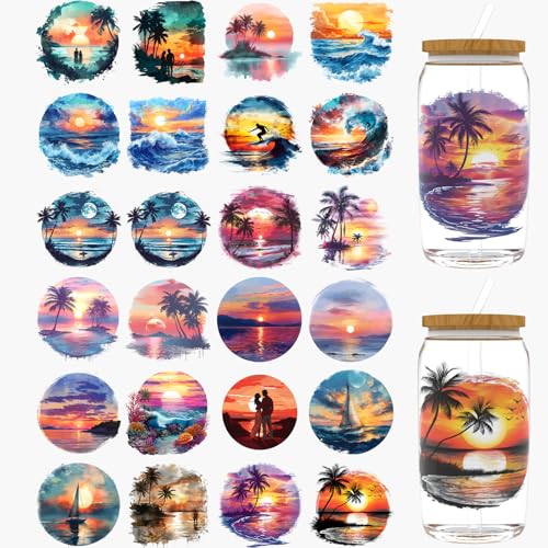 Dorsbaby 24 Stück Summer Beach UV DTF Cup Wrap für Glas Serie UV DTF Cup Wraps für 473.6 g Glas, dekorative Tassen, Flaschen usw., Handwerk, DIY Kunstbedarf, Verpackung, Transferpapier von DORSBABY