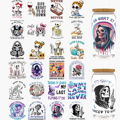 Dorsbaby 24 Stück lustige Skelette UV DTF Cup Wrap für Glas Serie UV DTF Cup Wraps für 473.6 g Glas, dekorative Tassen, Flaschen usw., Handwerk, DIY Kunstbedarf, Verpackung, Transferpapier von DORSBABY
