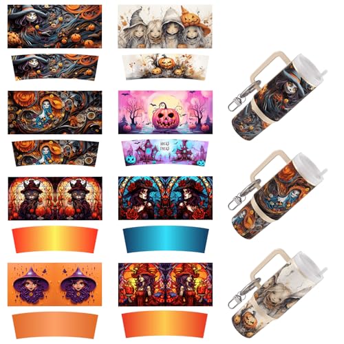 Dorsbaby 8 Stück Halloween UV DTF Cup Wrap Transferpapier für DIY Cup Typ Schlüsselanhänger UV DTF Transferpapier für Schlüsselanhänger Persönliches Zubehör Hochviskos UV DTF Cup Wrap (Halloween von DORSBABY