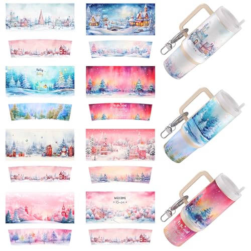 Dorsbaby 8 Stück Scenery UV DTF Cup Wrap Transferpapier für DIY Cup Type Schlüsselanhänger UV DTF Transferpapier für Schlüsselanhänger Persönliches Zubehör Hochviskos UV DTF Cup Wrap (Winterlandschaft von DORSBABY