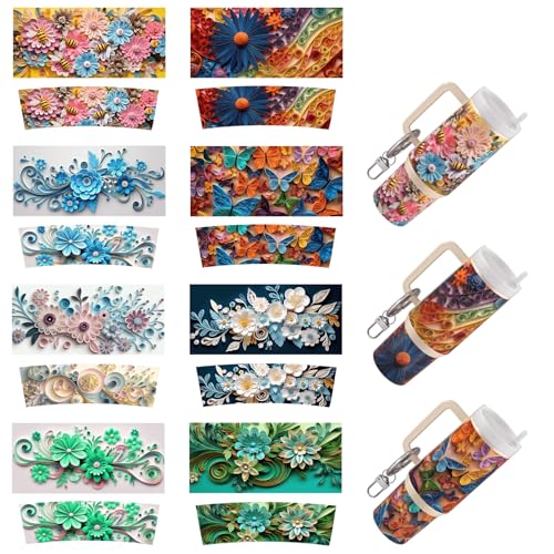 Dorsbaby 8 x Blumen und Schmetterlinge, UV-DTF-Becher, Transferpapier für DIY-Schlüsselanhänger, UV-DTF-Transferpapier für Schlüsselanhänger, persönliches Zubehör, hohe Viskosität, UV-DTF-Becherfolie von DORSBABY