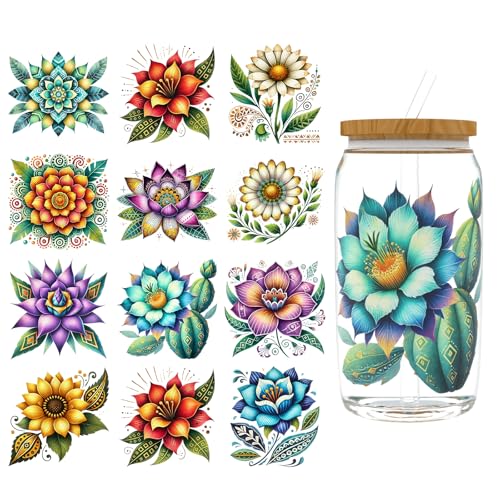 Dorsbaby DlY Aufkleber für Trinkgläser, UV-DTF-Becher-Wraps für 473 ml Glas, wasserdichte Aufkleber für Kunsthandwerk (Mexikanische Blumen), 12 Blatt von DORSBABY