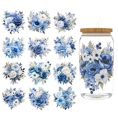 Dorsbaby DlY UV-DTF-Becher-Wraps für 473 ml Glas, DlY Aufkleber für Trinkgläser, wasserdicht, zum Aufreiben von Transfers zum Basteln (blaue Blumen), 12 Blatt von DORSBABY