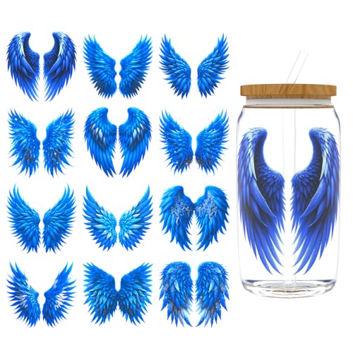 Dorsbaby DlY UV-DTF-Becherwickel für 473 ml Glas, DlY Aufkleber für Trinkgläser, wasserdicht, zum Aufreiben von Transfers zum Basteln (blaue Engelsflügel) von DORSBABY