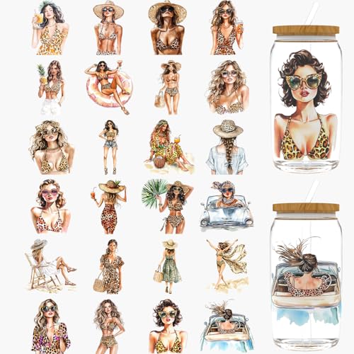 Dorsbaby Summer Girl UV-DTF-Becher-Wrap, UV-DTF-Becher-Wraps für 473 ml, Brillen, Tische, Stühle, Computer, hochviskoses UV-DTF-Transferpapier, 24 Stück von DORSBABY