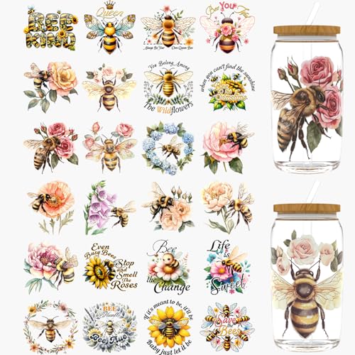 Dorsbaby UV-DTF-Becher-Wraps mit Blumen und Bienen, UV-DTF-Becher, für 473 ml, Gläser, Tische, Stühle, Computer, hochviskoses UV-DTF-Transferpapier, 24 Stück von DORSBABY