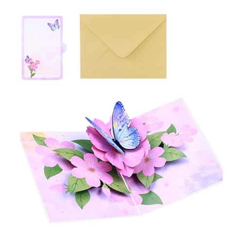 DOSERTY 3D Popup Karte Mit Schmetterlingen Und Blumenpapier Grußkarte Mit Umschlag Einzigartiger Geburtstagsgeschenk Für Freundin von DOSERTY