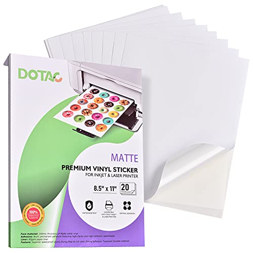 DOTAC Mattweißes, bedruckbares Vinyl-Aufkleber-Papier, 20 wasserfeste Aufkleberpapierbögen für Laser/Tintenstrahldrucker, Vinyl-Papier, 21.6 x 27.9 cm, komplettes Blatt, Handwerk, DIY-Projekt von DOTAC