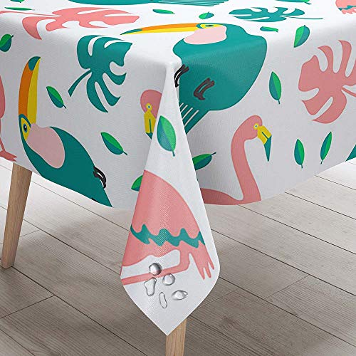 Tischdecke Abwaschbar Garten, DOTBUY Blume Flamingo Palmblätter Wasserabweisende Tischdecke Rechteckig Abwischbare Wachstuch Desktop Dekorative Tuch Hotel Bankett Party (A,140x160cm) von DOTBUY-SHOP