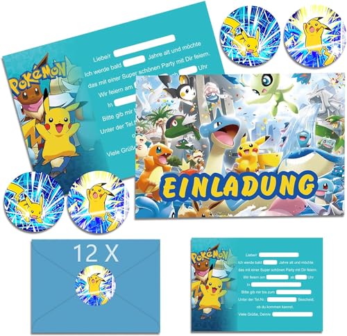 DOUKI 12x Einladungskarten Kindergeburtstag mit Umschlag Deutsch, Kindergeburtstags Party Einladungen, Cartoon Geburtstag Einladungskarten Set für Themed Party (12) von DOUKI