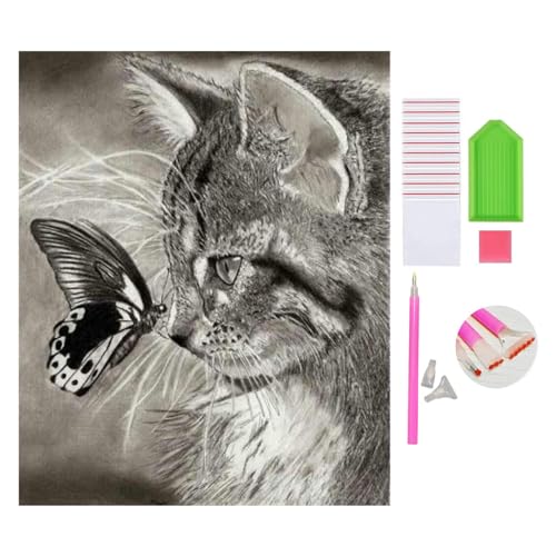 DOUKOYEE Diamond Painting Set für Erwachsene Kinder DIY 5D Diamant Painting Blume Tiere Katze Landschaft Dinosaurier Malen nach Zahlen Diamant Anfänger Home Wall Decor 30x40cm (D-Katze&Schmetterling) von DOUKOYEE