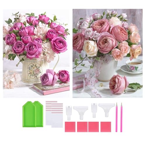 DOUKOYEE Diamond Painting für Erwachsene Kinder DIY 5D Diamant Painting Blume Tiere Katze Landschaft Dinosaurier Malen nach Zahlen Diamant Anfänger Home Wall Decor 30x40cm (L-Blumen Rose Set) von DOUKOYEE