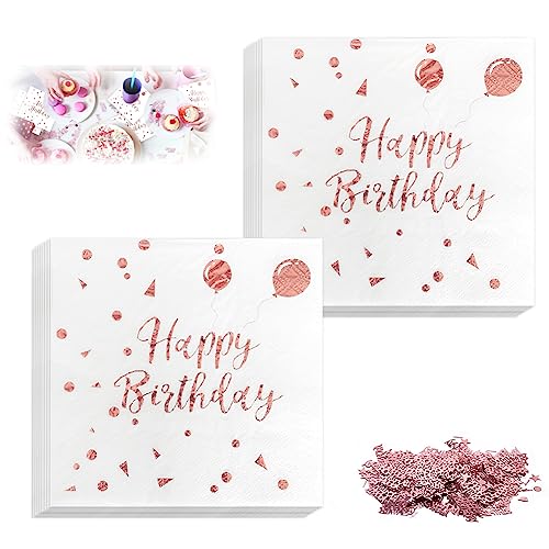 DOUSELLA 40 Stück Servietten Geburtstag Mädchen Rosegold Glitzer Servietten mit Geburtstag Tisch Konfetti Weiße Geburtstag Papierservietten Happy Birthday Papier Napkins für Geburtstag Party Deko von DOUSELLA