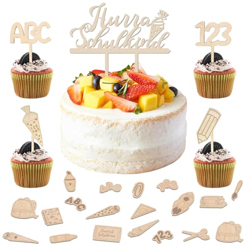 DOWNDRIFT Holz Tortendeko Einschulung Schulanfang Schulkind Tortendeko, Holz Kuchen Topper Schulanfang Cupcake Topper, Schuleinführung Party Kuchen Deko für Kinder Junge Mädchen Geschenk von DOWNDRIFT